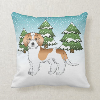 Apricot &amp; White Mini Goldendoodle Winter Forest Throw Pillow