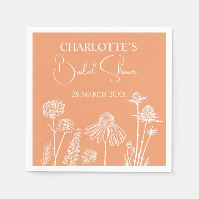 Apricot Wildflowers Sketched Floral Bridal Shower  Napkins (Front)