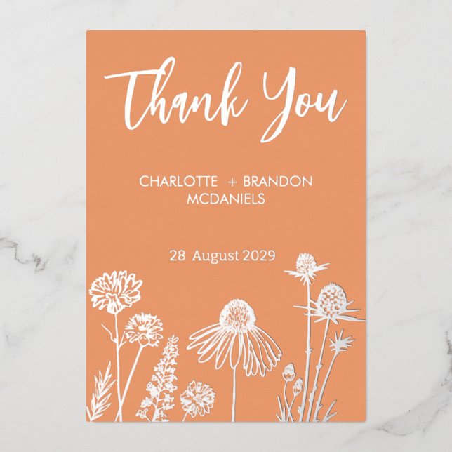 Apricot Wildflowers Wedding Thank You Gold  Foil Invitation (Front)