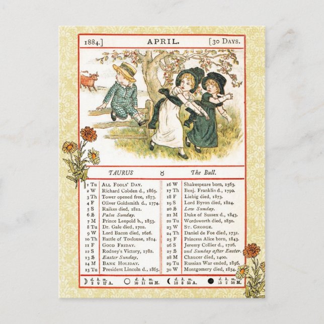 April 1884 Almanac.  Taurus, The Bull Postcard (Front)