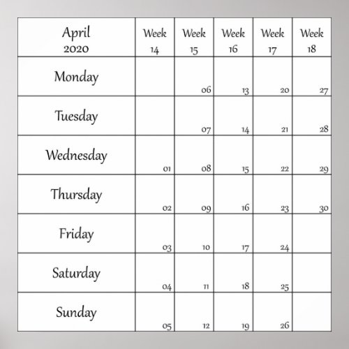 april 2020 planner calendar with week number poster