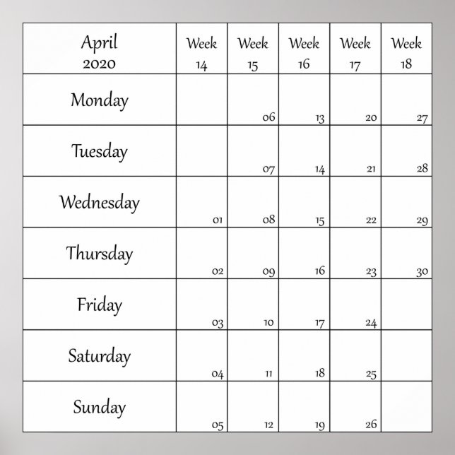 april 2020 planner calendar with week number poster (Front)