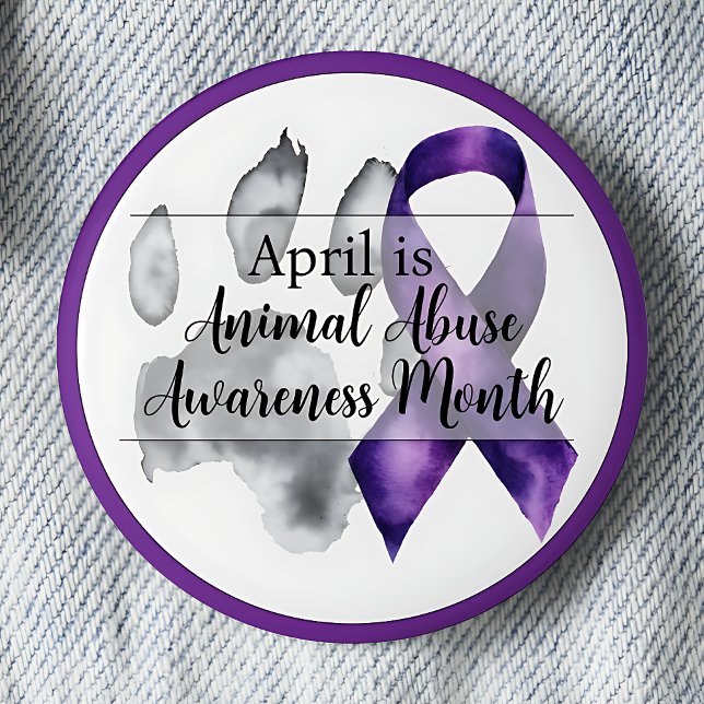 April Animal Abuse Awareness Month - Paw Print Button (April is Animal Abuse Awareness Month pinback button.  Paw print with purple awareness ribbon.)