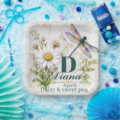 April Birth Flower Daisy Monogram Dragonfly Tote B Paper Plates