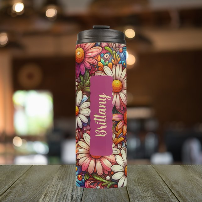 April Birth Flower Daisy Personalized 16 oz Thermal Tumbler (Personalized 20 oz tumbler with birth flower for April)