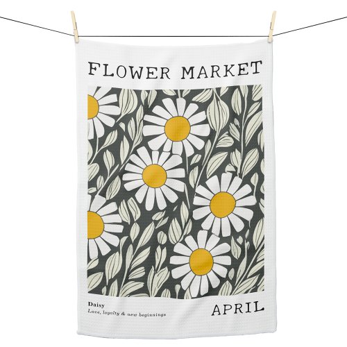April Birth Flower Market White Daisy Floral Print Kitchen Towel