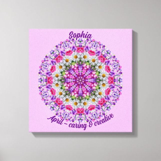 April Birth Flower Personalized Daisy Mandala Art Canvas Print (Front)