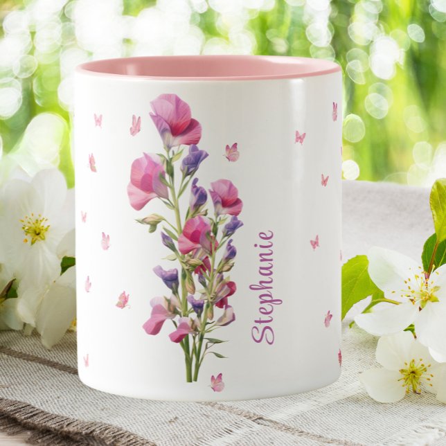 April Birthday Sweet Pea Birth Month Flower Floral Two-Tone Coffee Mug (Creator Uploaded)