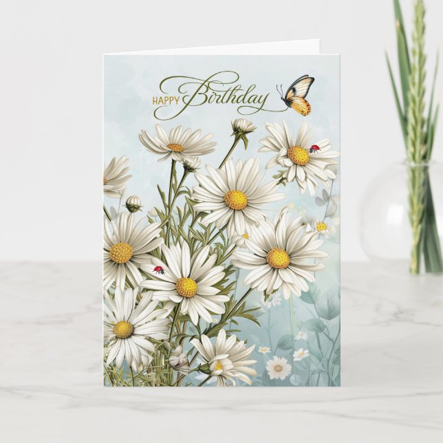 April Daisies Butterflies and Ladybugs Birthday Card (Front)
