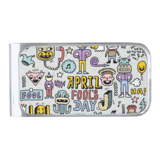 April Fools: Colorful Doodle Set. Silver Finish Money Clip