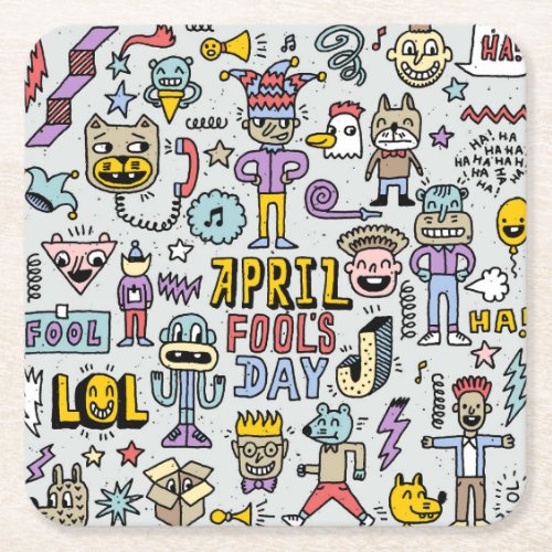 April Fools Colorful Doodle Set Square Paper Coaster