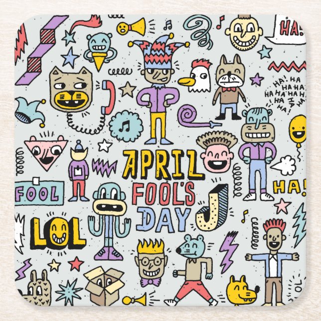 April Fools: Colorful Doodle Set. Square Paper Coaster (Front)