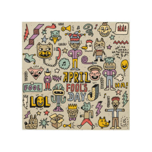 April Fools: Colorful Doodle Set. Wood Wall Art