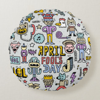 April fools day funny doodle colorful set 1. Vinta Round Pillow