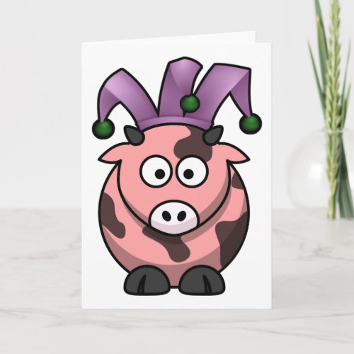 April Fools Day Pink Cow Jester Card