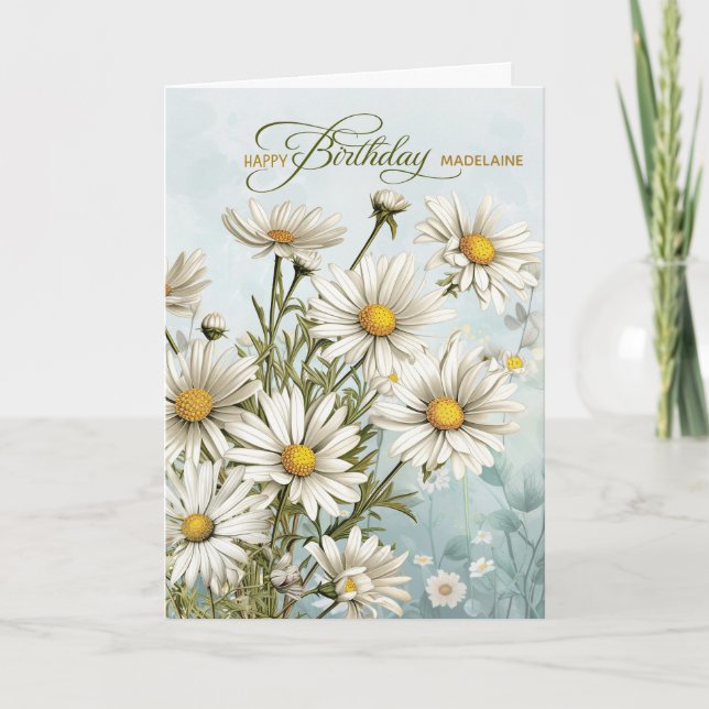 April Garden of Daisies with Name Birthday Card (Front)
