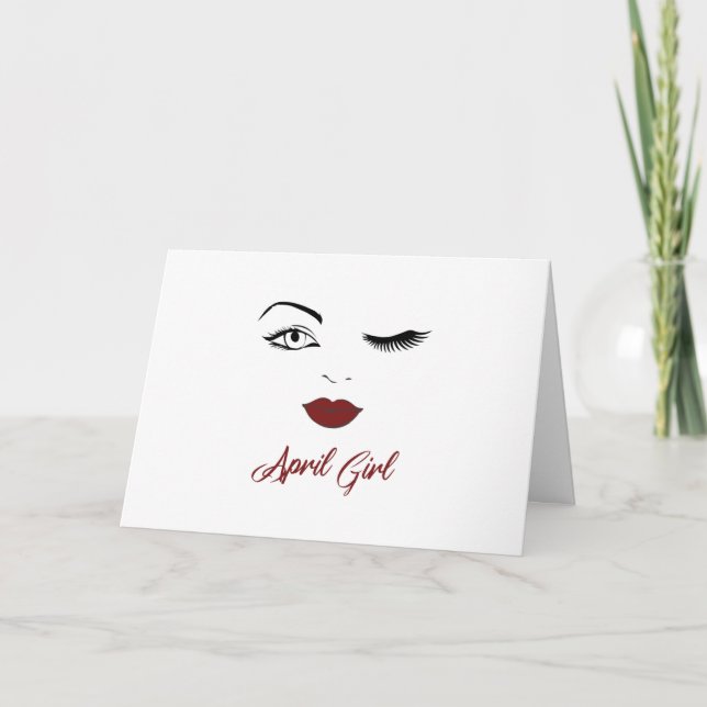 April Girl Eyes Cute Red Lips Wink Birthday Card (Front)