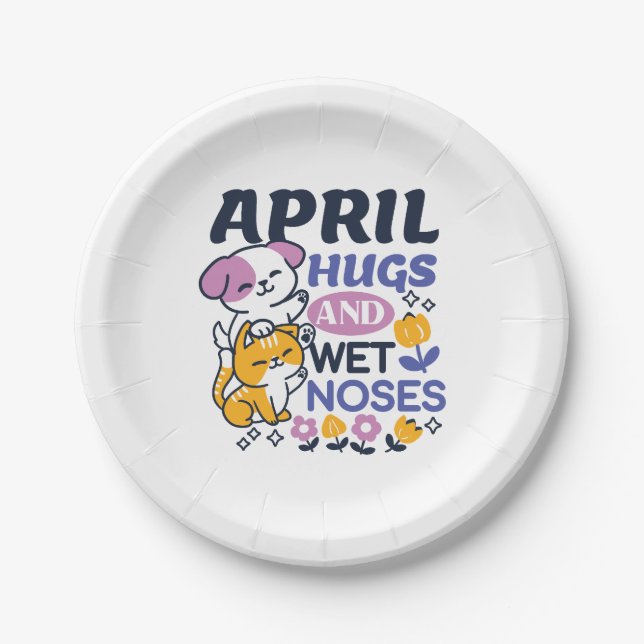 April Hugs and Wet Noses – Cute Dog and Cat Art Paper Plates (Front)
