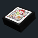 April in Paris Jewelry Box<br><div class="desc">Small black wooden jewelry box with an image of two of lovely ladies sitting at a café in Paris enjoying a beautiful April day in a black and white checkerboard frame adorned with a red bow and a few ladybugs, on a washed out background image of black Eiffel Towers on...</div>