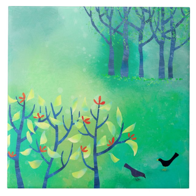 April Modern Green Landscape Nature Painting Ceramic Tile (Front)