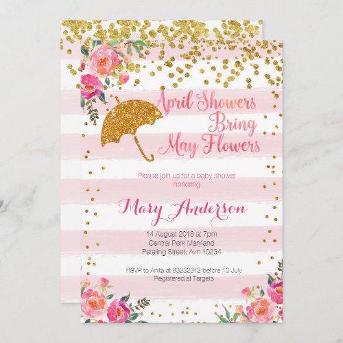 April Showers Baby Shower Invitation Gold Pink