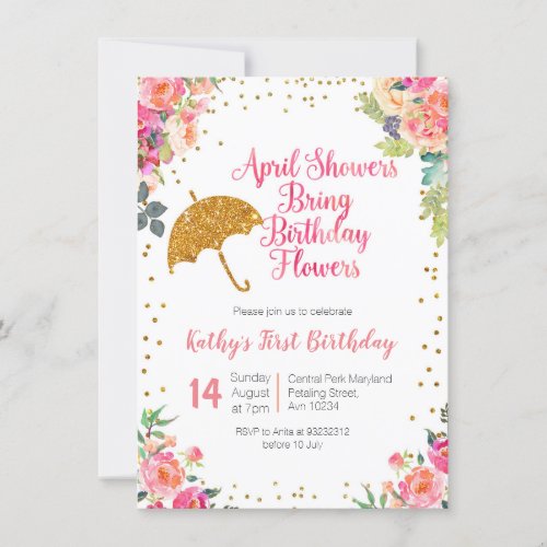 April Showers  Bring Birthday Flowers 1st birthday Invitation