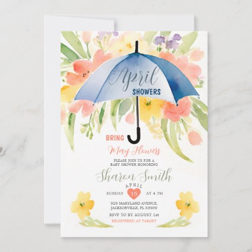 April Showers Bring May Flowers Blue Umbrella Invitation