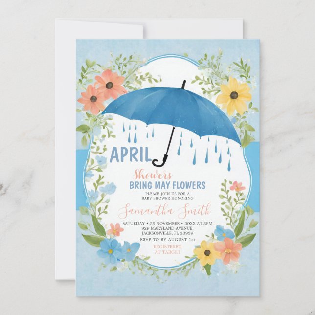 April Showers Bring May Flowers Blue Umbrella Invitation (Front)
