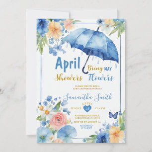 April Showers Bring May Flowers Blue Umbrella Invitation