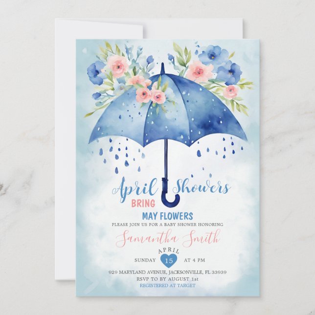 April Showers Bring May Flowers Blue Umbrella Invitation (Front)