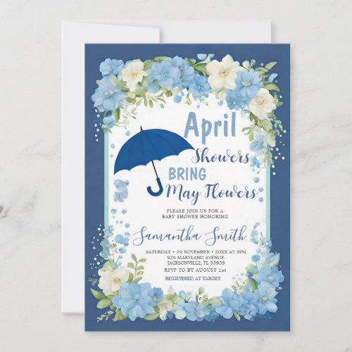 April Showers Bring May Flowers Blue Umbrella Invitation