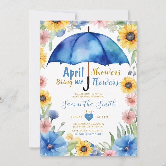 April Showers Bring May Flowers Blue Umbrella Invitation (Front)