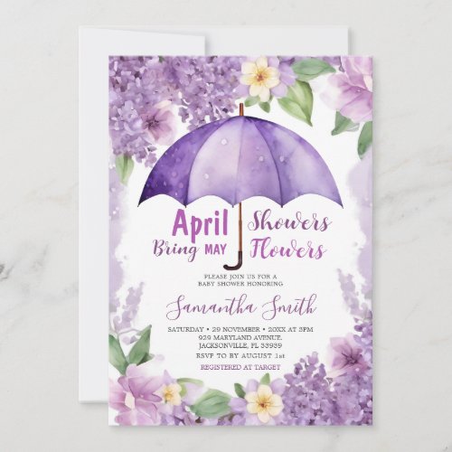 April Showers Bring May Flowers Purple Umbrella Invitation