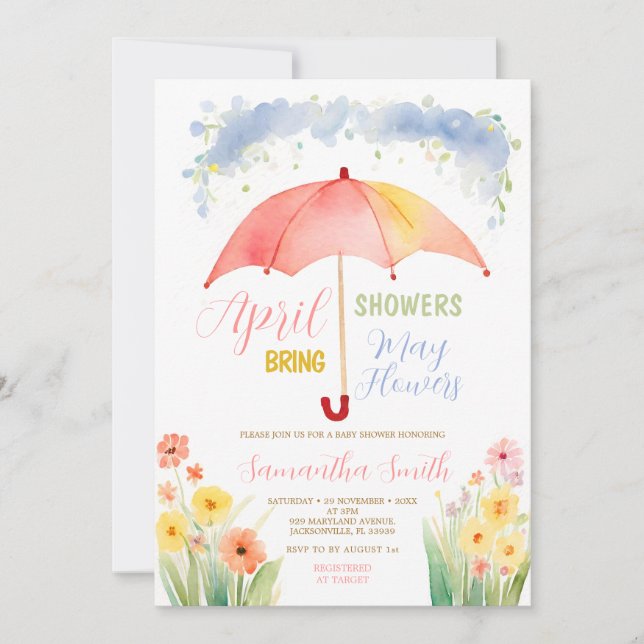 April Showers Bring May Flowers Red Umbrella  Invitation (Front)