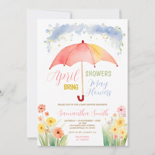 April Showers Bring May Flowers Red Umbrella  Invitation