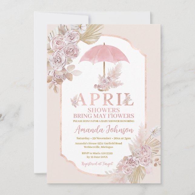 April Showers Bring May Pink Umbrella Flowers Invitation (Front)