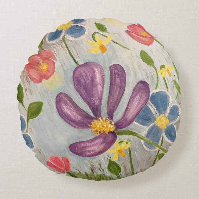April Showers. Colorful, Abstract Floral Round Pillow (Front)
