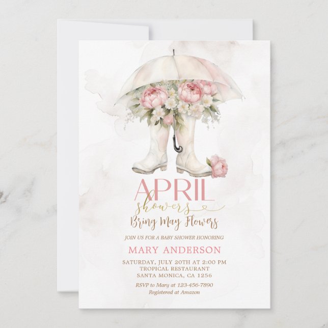  April Showers Pink Roses Umbrella Boots Invitation (Front)