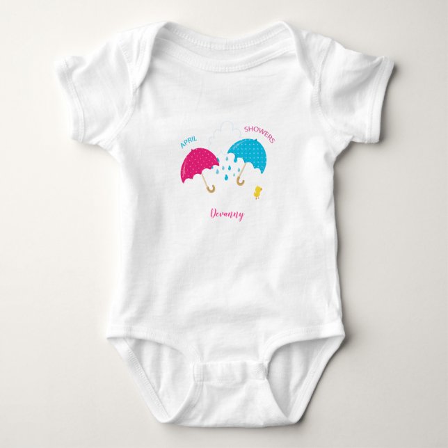 April Showers Rainy Day Umbrellas with Name Baby Bodysuit (Front)