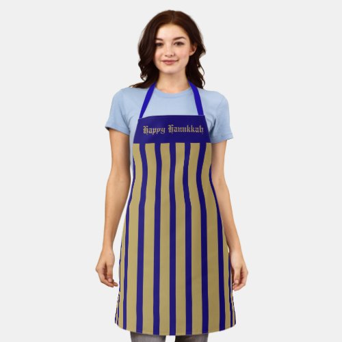 Apron Blue and Gold Stripe Happy Hanukkah