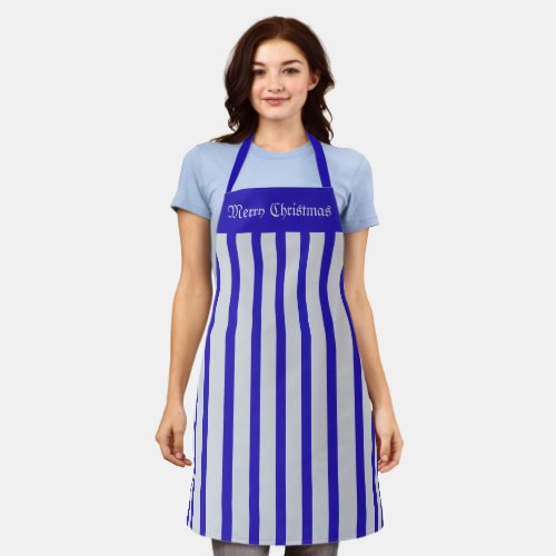 Apron Cafe Blue and Silver Stripe Merry Christmas