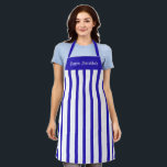 Apron Cafe Blue and White Stripe Happy Hanukkah<br><div class="desc">This apron is shown as is in a bold blue and white stripe print. Text of Happy Hanukkah in white at top.
Color: blue / white
 Straps: blue

Customize this item or buy as is. You can choose another strap color.




Stock Image</div>