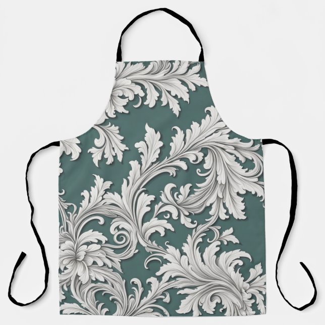 Apron Damask Black White Smokey Aqua (Front)