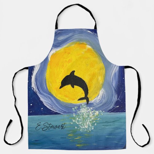 Apron Dolphin Jumping Moon Light Ocean