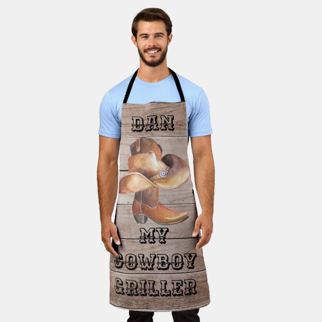 Apron Large Cowboy Griller on Wood (personalized) (Worn)