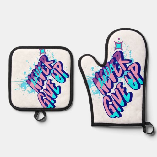 APRONS NEVER GIVE UP OVEN MITT &amp; POT HOLDER SET
