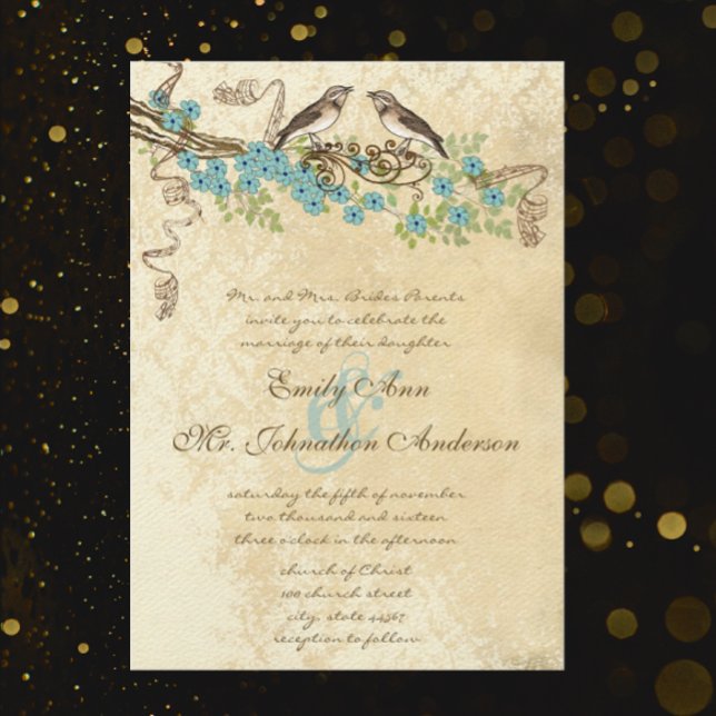 Aqau & Navy Cherry Blossom Vintage Bird Weddings Invitation (Creator Uploaded)