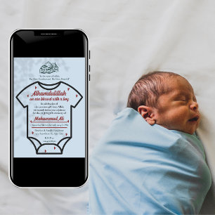 Aqiqah Blue Bodysuit Baby Boy Muslim Islamic Invitation