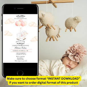 Aqiqah Cute Pink Sheep Balloon Baby Girl Muslim Invitation