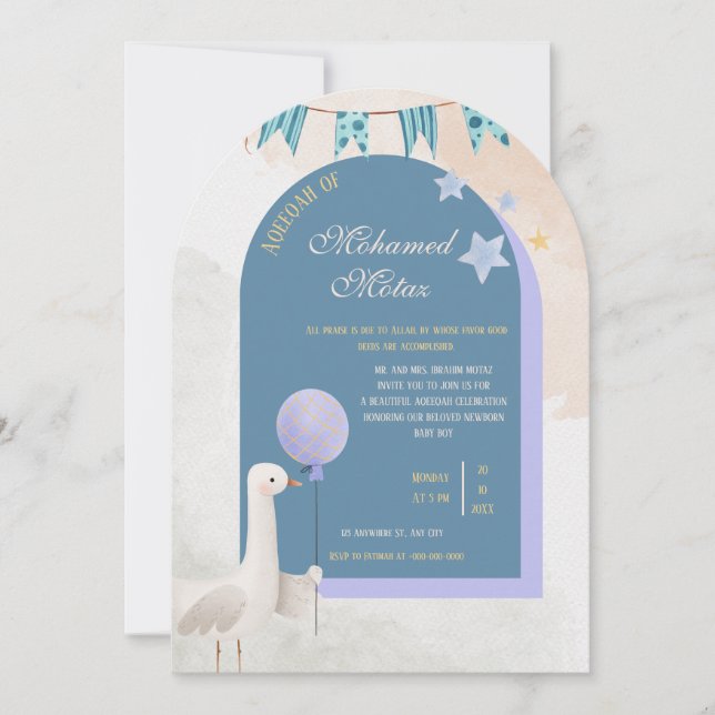 Aqiqah Invitation for Baby Boy  Editable Blue Arch (Front)